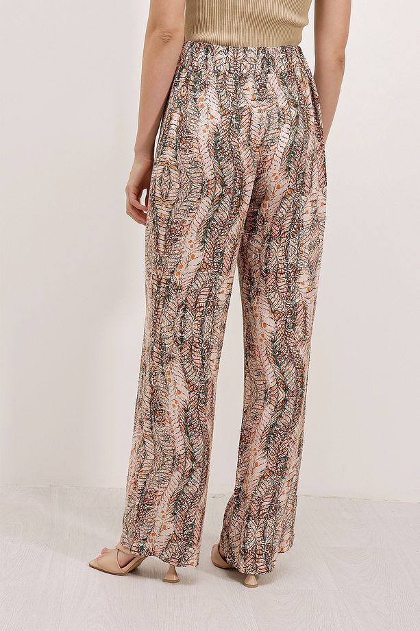 6523 Desenli Bol Paça Pantolon - Krem - 5