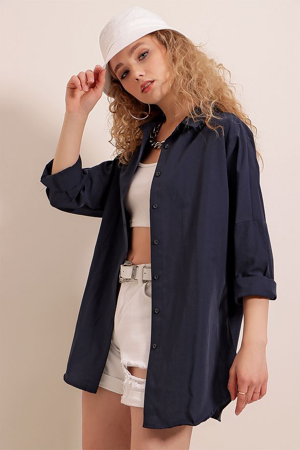 3900 Oversize Uzun Basic Gömlek - Lacivert - 3