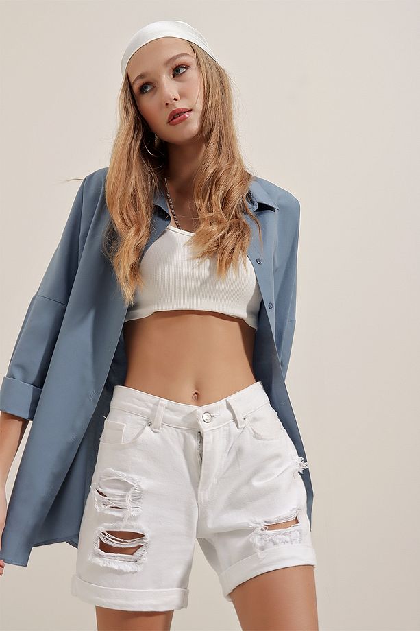 3900 Oversize Uzun Basic Gömlek - I?ndigo - 7