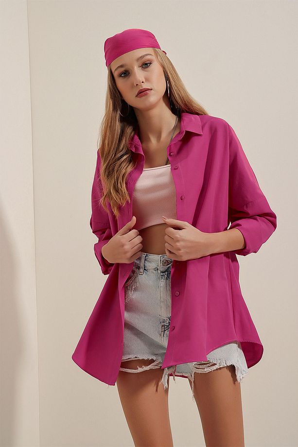 3900 Oversize Uzun Basic Gömlek - Koyu Pembe - 2