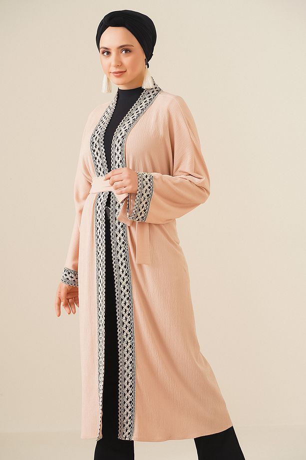 5865 Nakışlı Örme Uzun Kimono - Bisküvi - 3