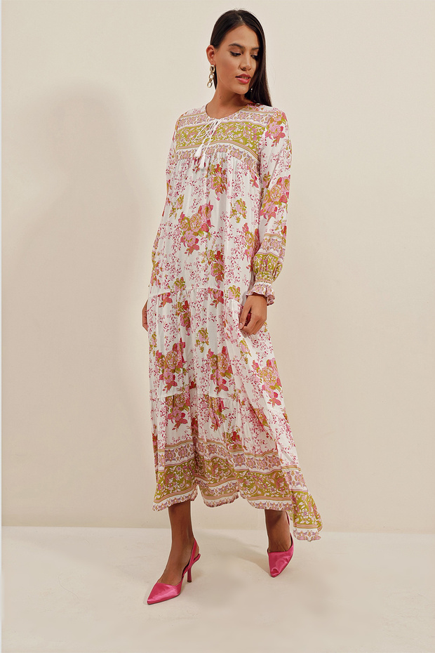 1947 Gemustertes langes Kleid – B. Senf - 2