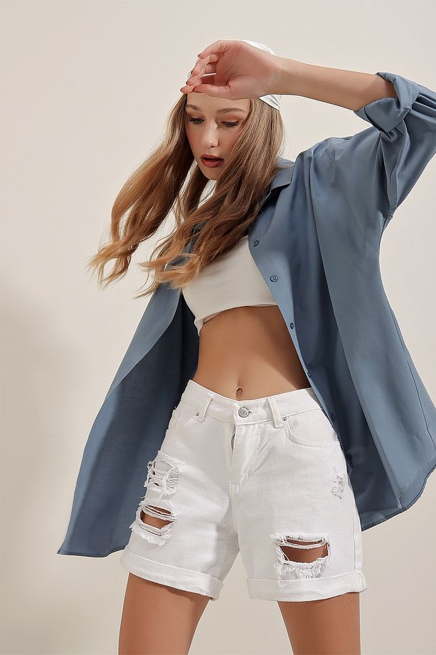 3900 Oversize Uzun Basic Gömlek - I?ndigo - 6