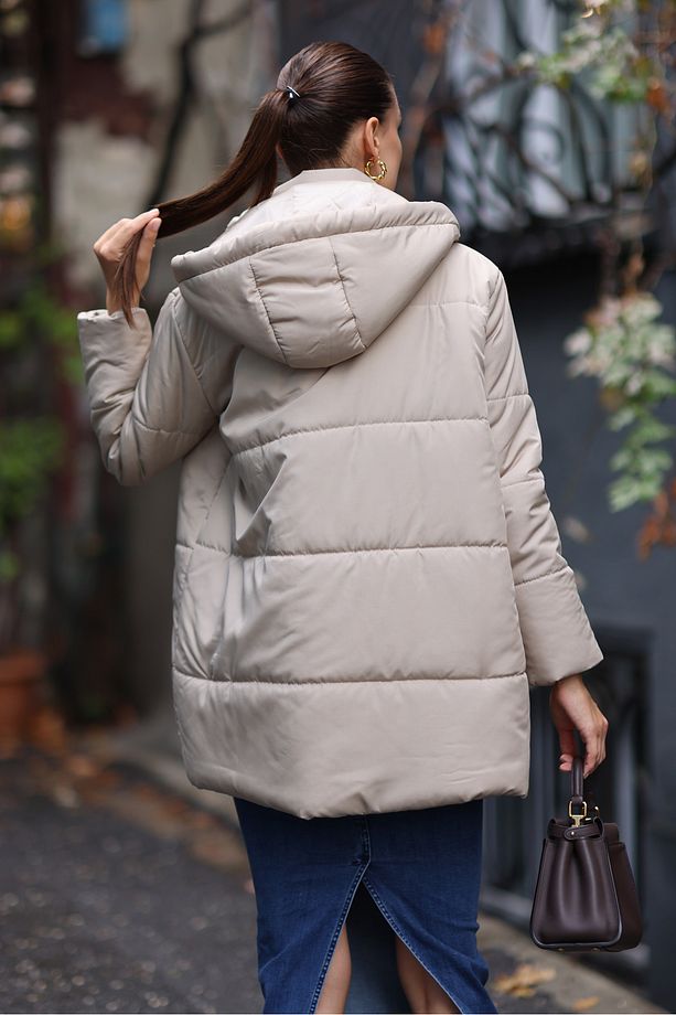 Kapüşonlu Oversize Şişme Mont - Bej - 7