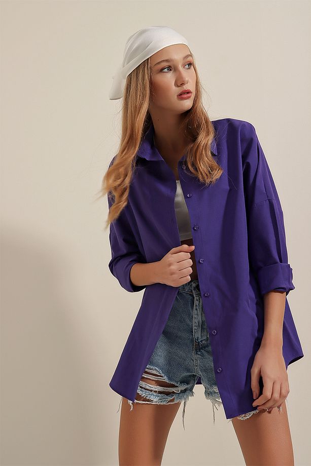 3900 Oversize Uzun Basic Gömlek - Mor - 5