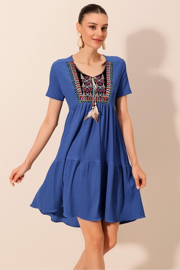 2429 Nakışlı Örme Elbise - Saks - 8