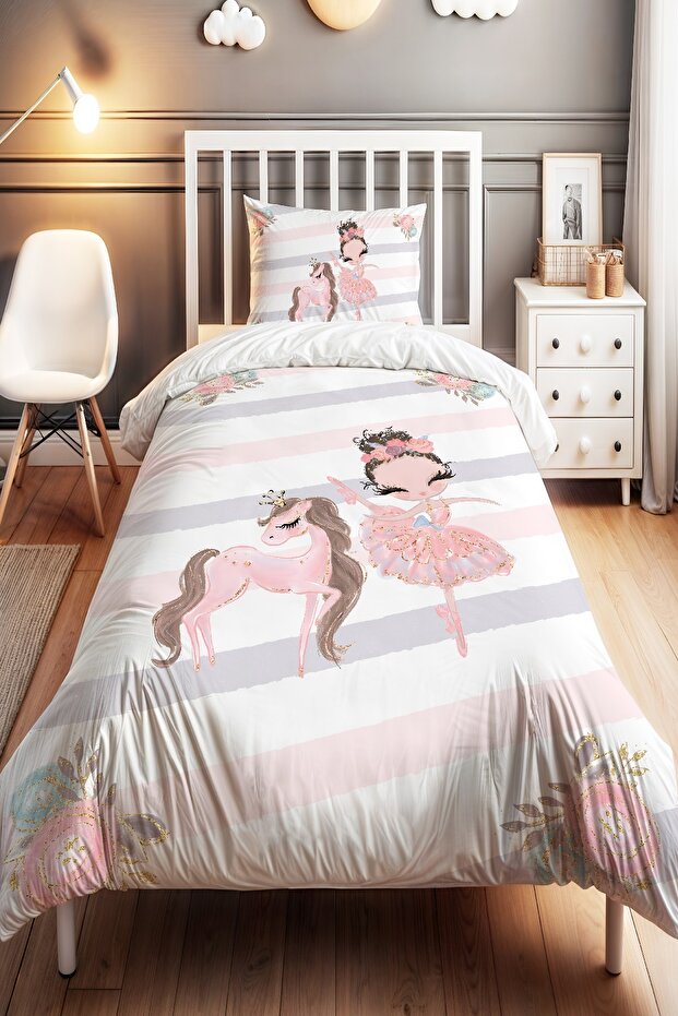 Unicorn Horse and Ballerina Princess Patterned Single Baby Kids Bedding Set