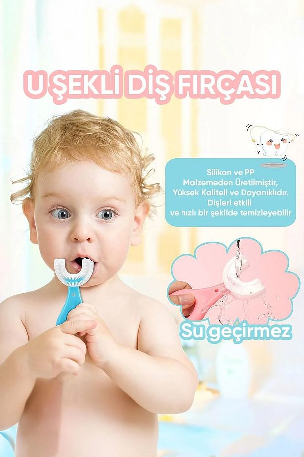 Bebek Diş Fırçası U Şeklinde Pembe 2 Yaş Yumuşak Diş Fırçası Bebek Banyo Seti Arayüz Fırcası - 2