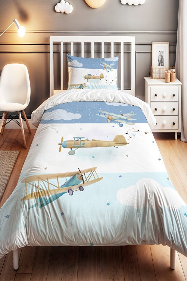 Striped Blue Airplanes Patterned Single Baby Kids Bedding Set