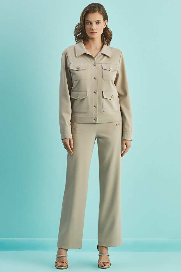 Uzun Kollu Bej Örme Ceket - 1