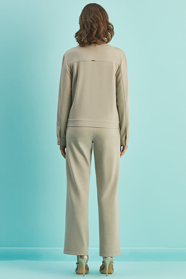 Geniş Paça Bej Örme Pantolon - 2