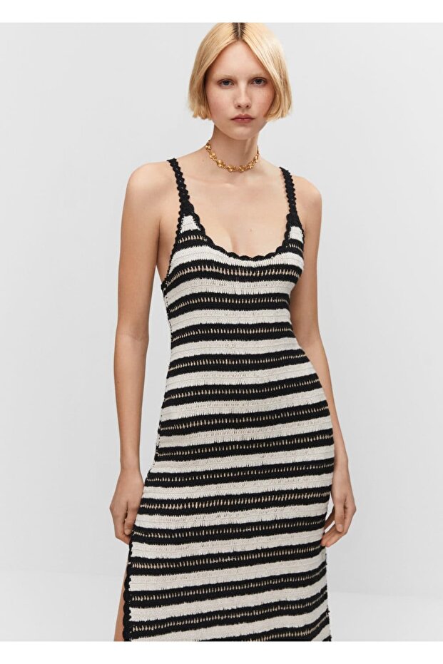 Çizgili Tığ Işi Elbise - 1