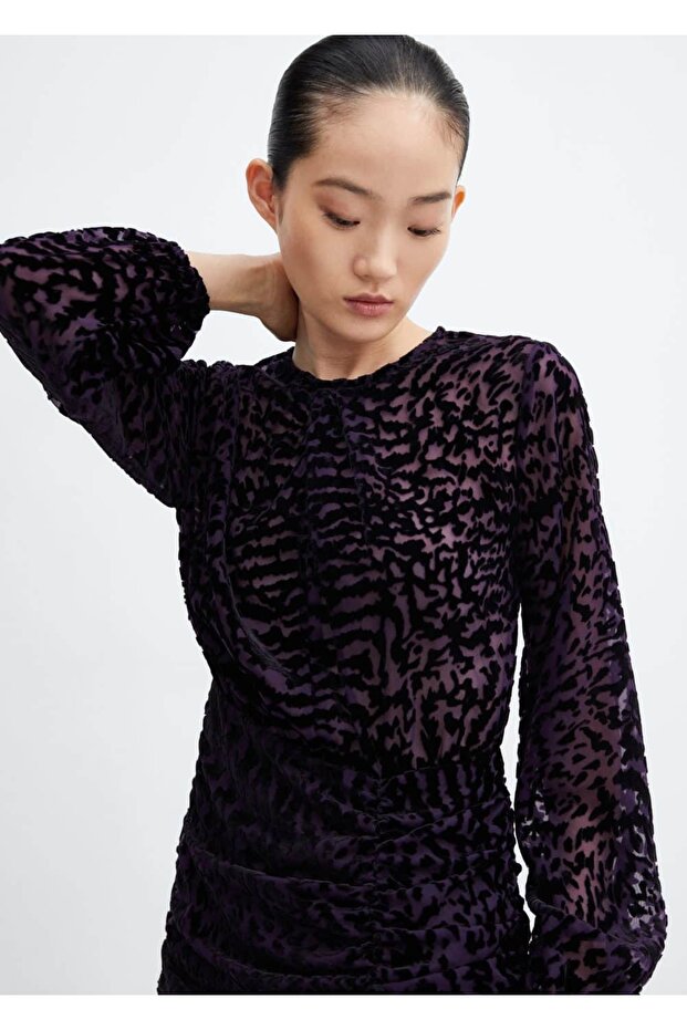 Hayvan Desenli Kadife Elbise - 6