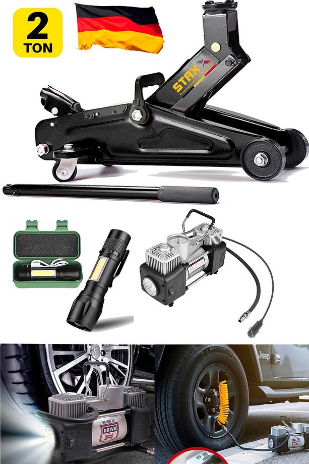 Alman 2Ton Timsah Tekerlekli Kriko + 150Psı Çift Piston Çakmaklı Hava Lastik Kompresör Seti - 3