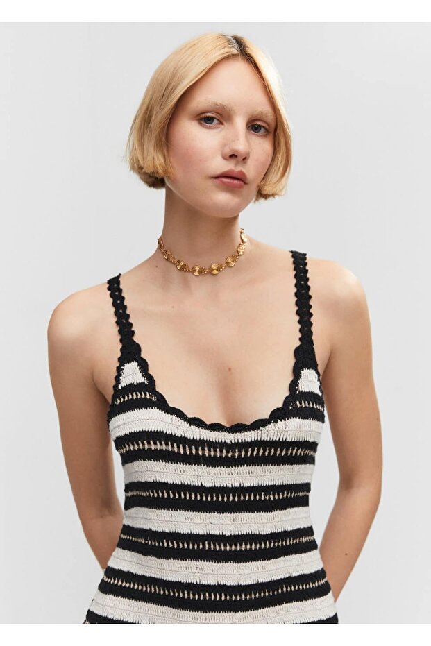 Çizgili Tığ Işi Elbise - 7