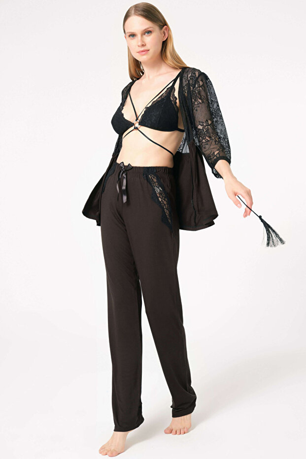 Women's Lace Robe Without Underwire, Unpadded, Collar Detailed Bra and Pants Pajama 3-Piece Set