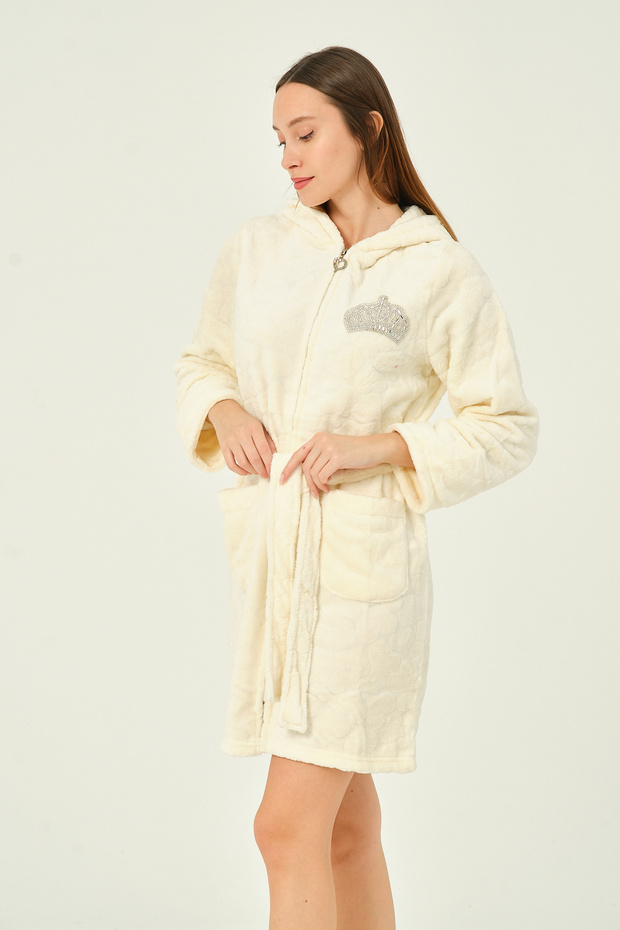ecru Hooded zipper front tie pockets stone detail ultra soft dressing gown