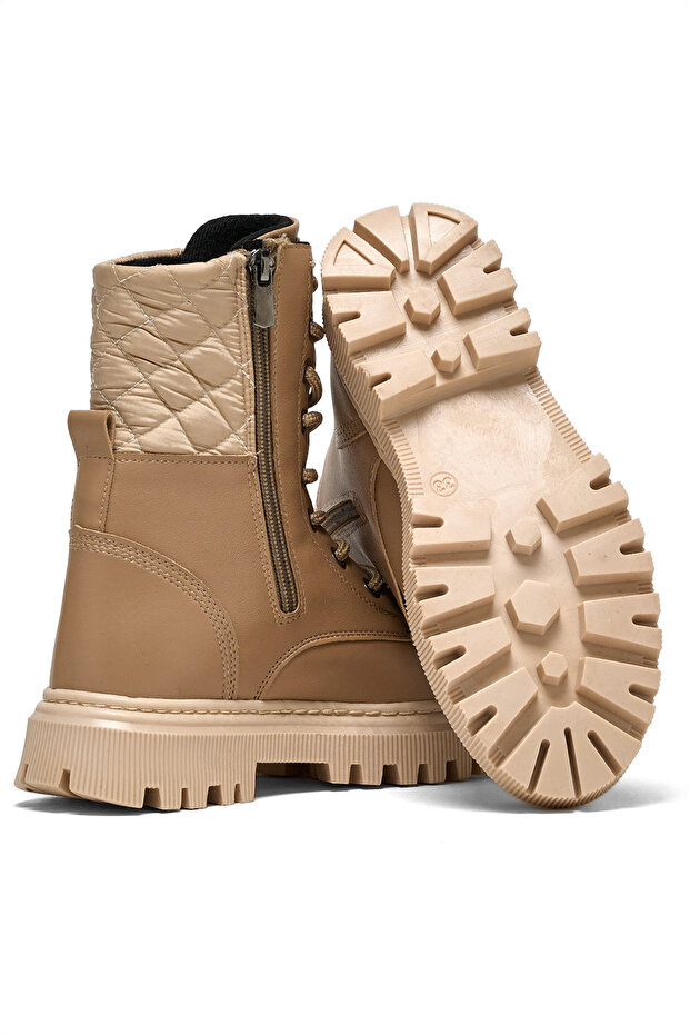 Lányok Nude Thermo Sole steppelt, részletes fűzős és cipzáras hosszú csizma - 4