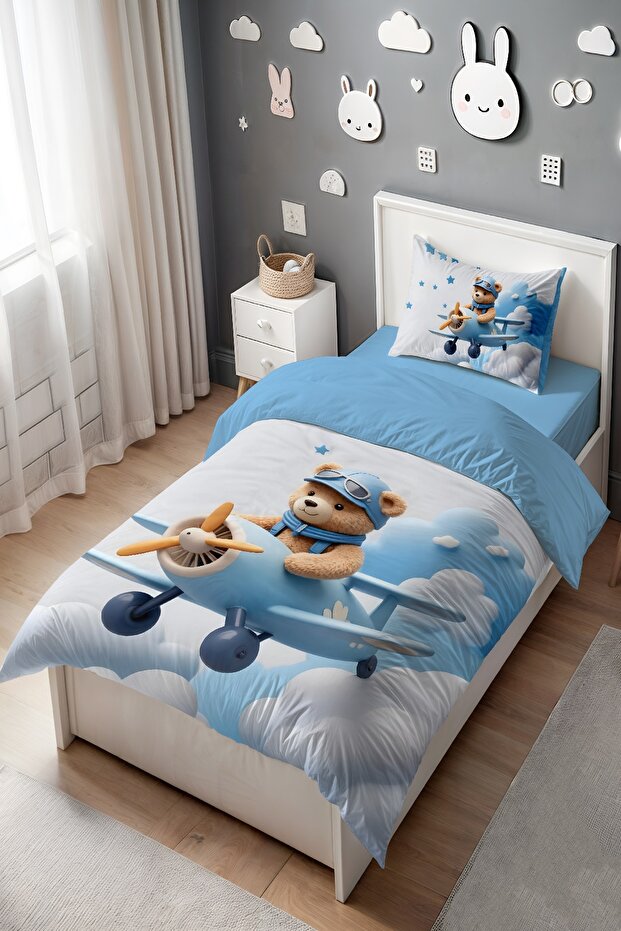 Mavi Bulutlu Pilot Ayıcık Desenli Tek Kişilik Bebek Çocuk Nevresim Seti - 3