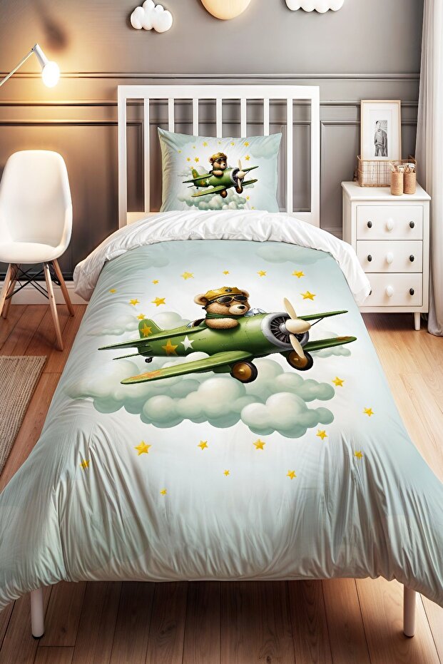 Green Airplane Teddy Bear Patterned Single Baby Kids Bedding Set