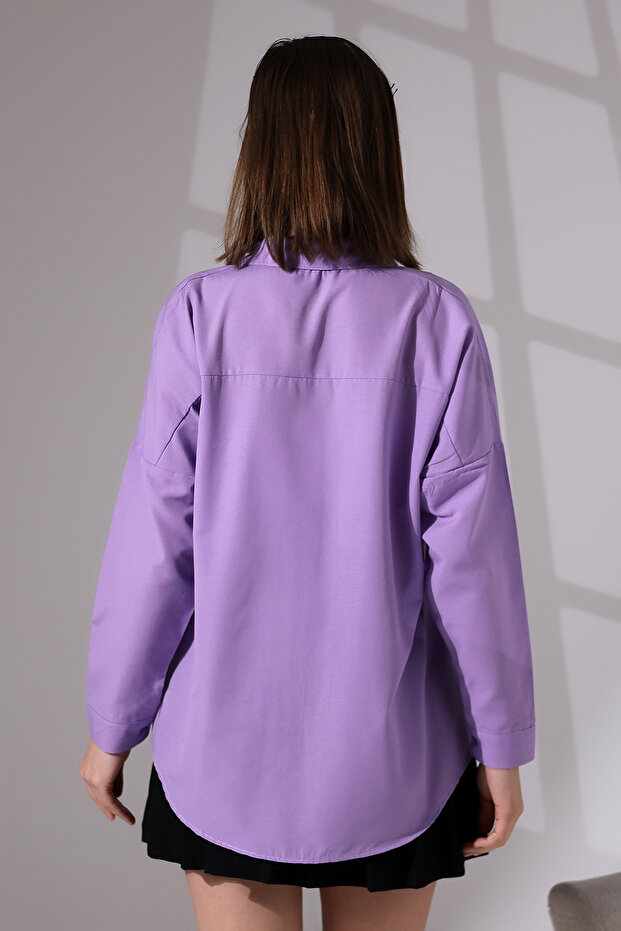 Kadın Açık Lila Oversize Uzun Basic Gömlek - 7