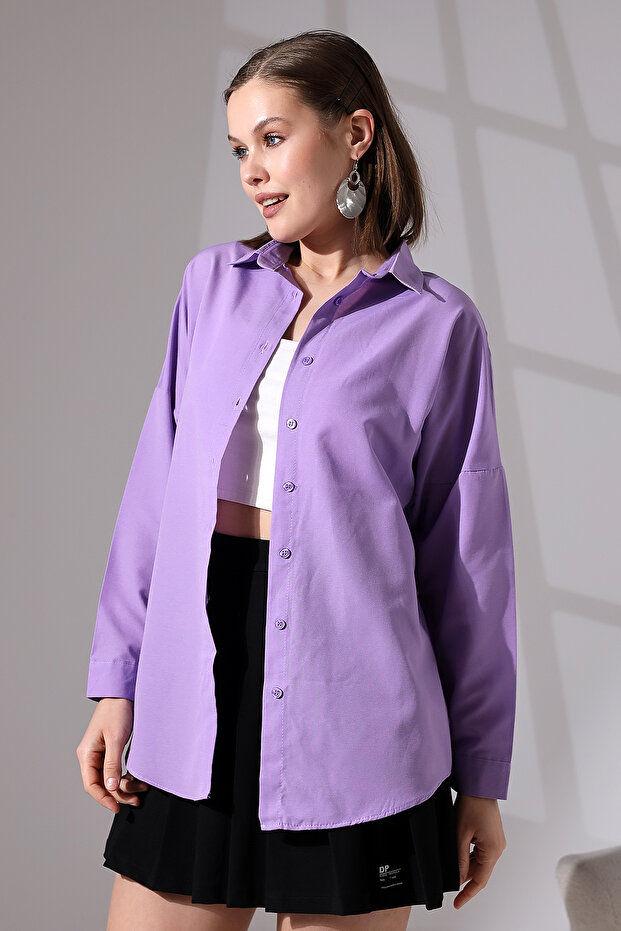Kadın Açık Lila Oversize Uzun Basic Gömlek - 1