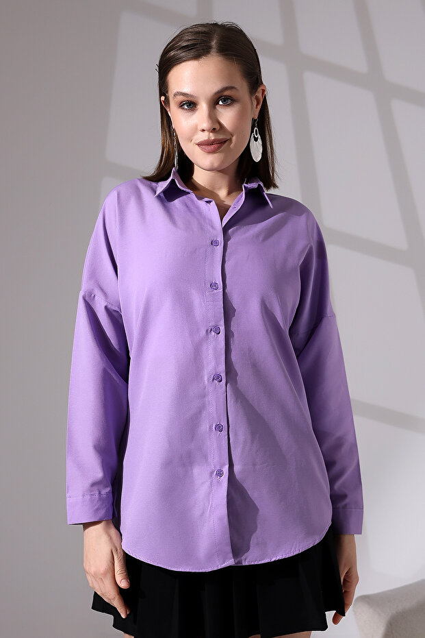 Kadın Açık Lila Oversize Uzun Basic Gömlek - 3