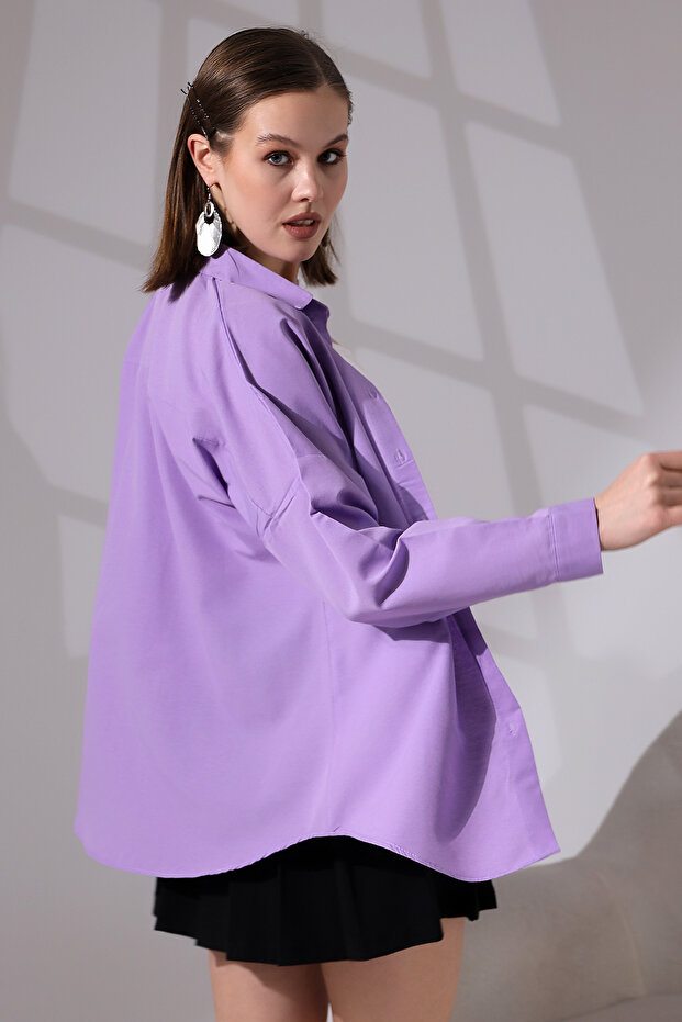 Kadın Açık Lila Oversize Uzun Basic Gömlek - 6