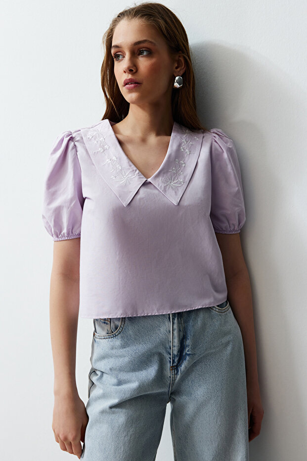 Lila Yaka Detaylı Dokuma Bluz TWOSS24BZ00335 - 5