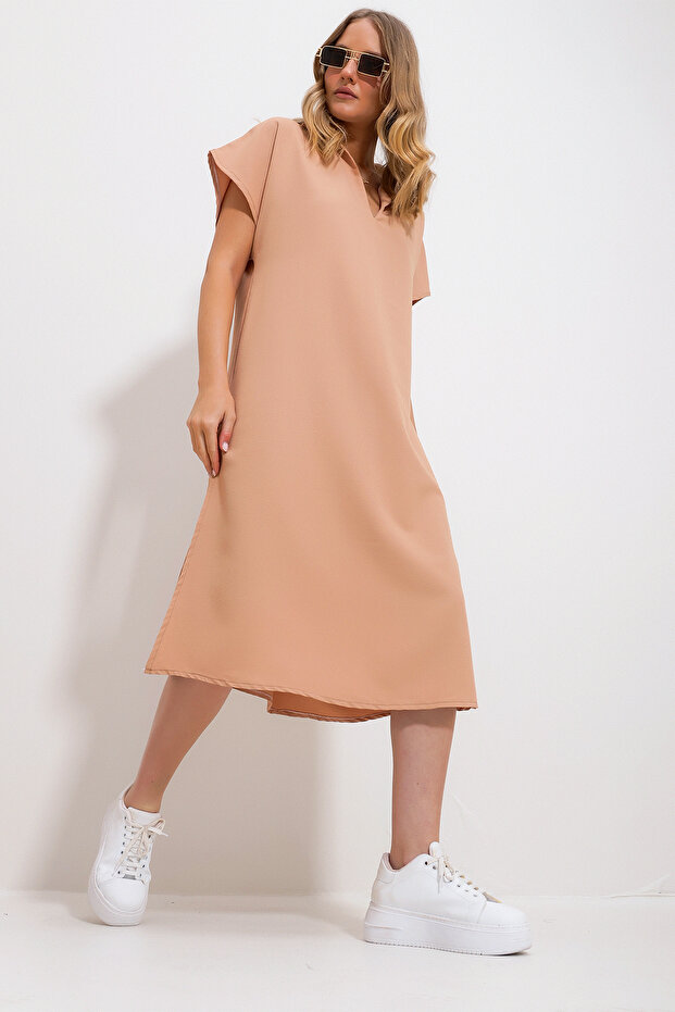 Onion Shell Polo Collar Side Slit Woven Dress Alc-X11732