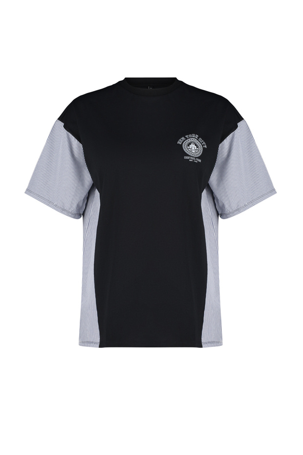 Siyah Kalın Pamuklu Oversize/Geniş Kalıp Poplin Detaylı Baskılı Örme T-Shirt TWOSS24TS00005 - 11