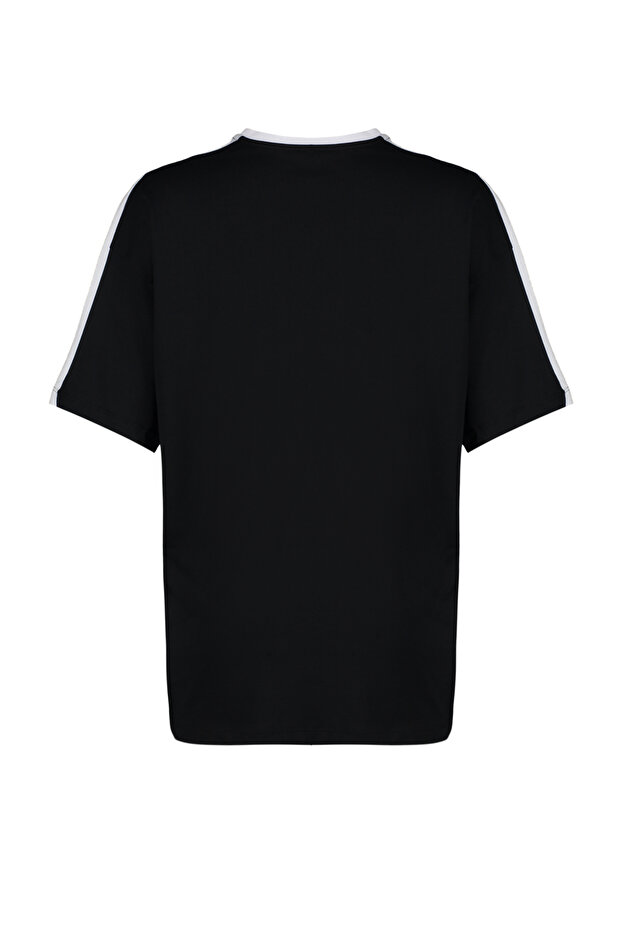 Siyah %100 Kalın Pamuklu Renk Bloklu Sloganlı Oversize/Geniş Kalıp Örme T-Shirt TWOSS24TS00132 - 8