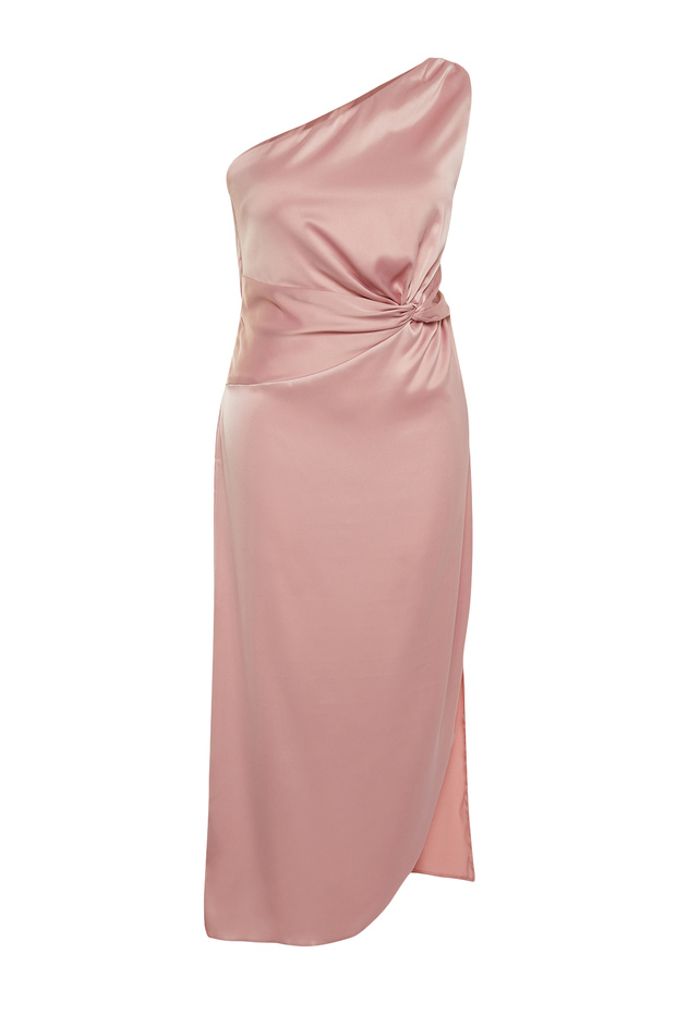 Pembe Saten Şık Asimetrik Tek Kollu Uzun Dokuma Elbise TBBSS24AH00113 - 8