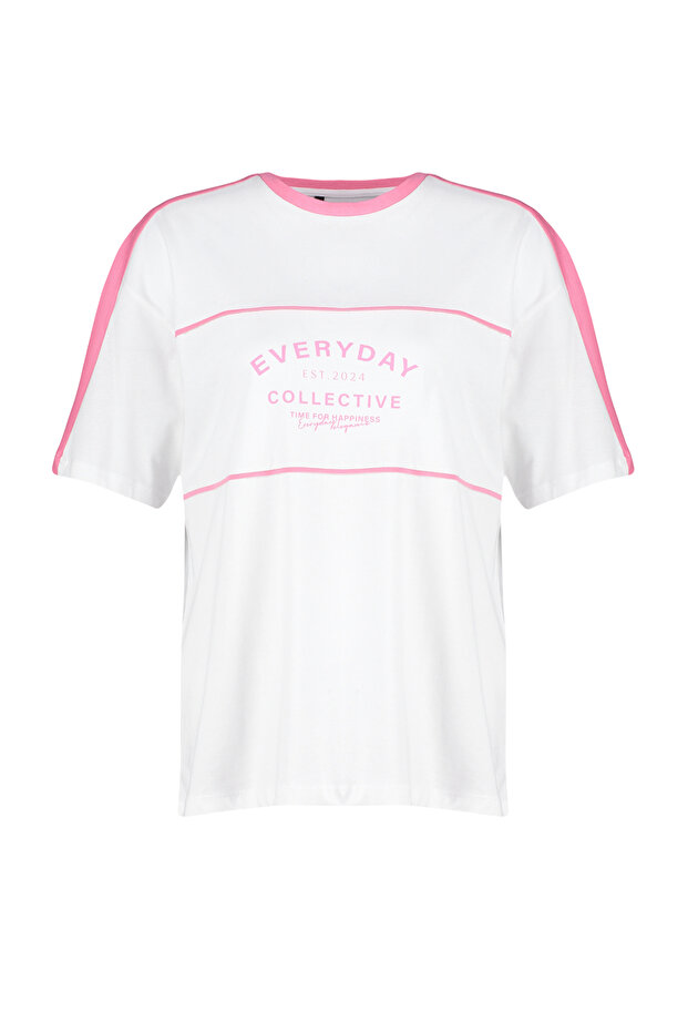 Beyaz %100 Kalın Pamuklu Renk Bloklu Sloganlı Oversize/Geniş Kalıp Örme T-Shirt TWOSS24TS00132 - 7