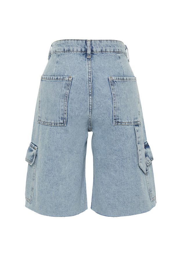 Açık Mavi Kargo Cep Yüksek Bel Denim Bermuda TWOSS24SR00091 - 8