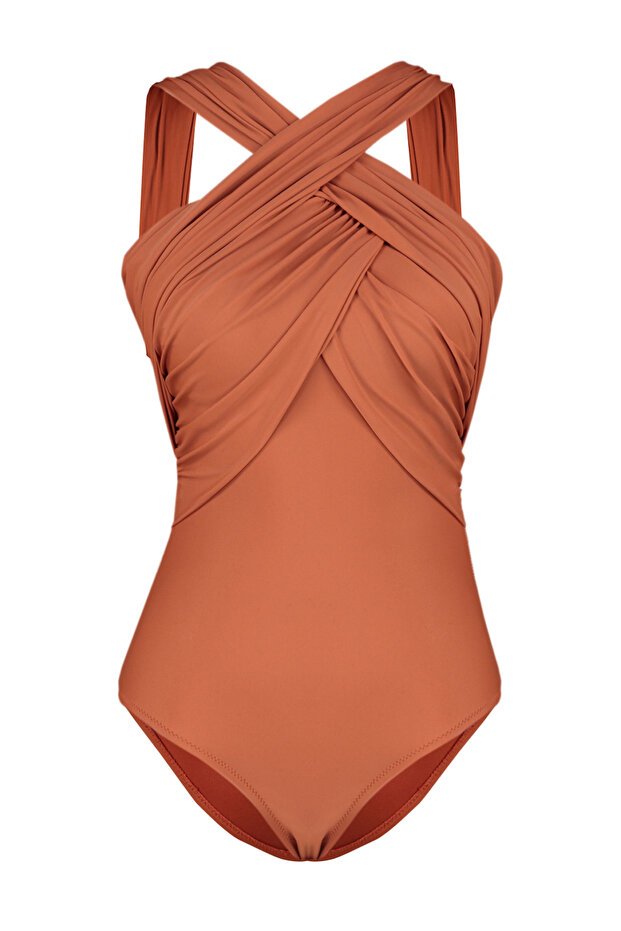 Kiremit Drapeli Halter Yaka Kaplı Regular Mayo TBESS20MA0298 - 7