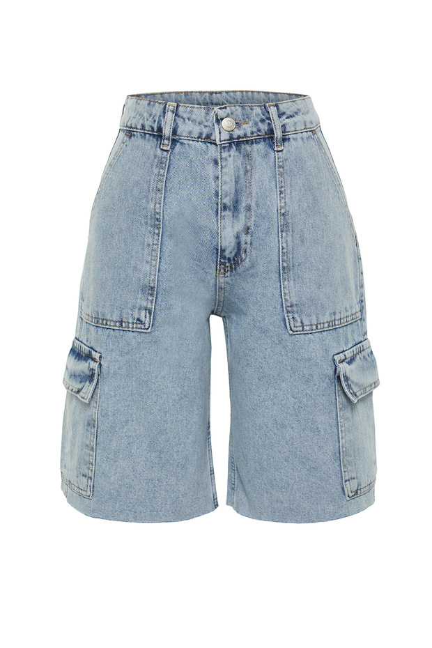 Açık Mavi Kargo Cep Yüksek Bel Denim Bermuda TWOSS24SR00091 - 7