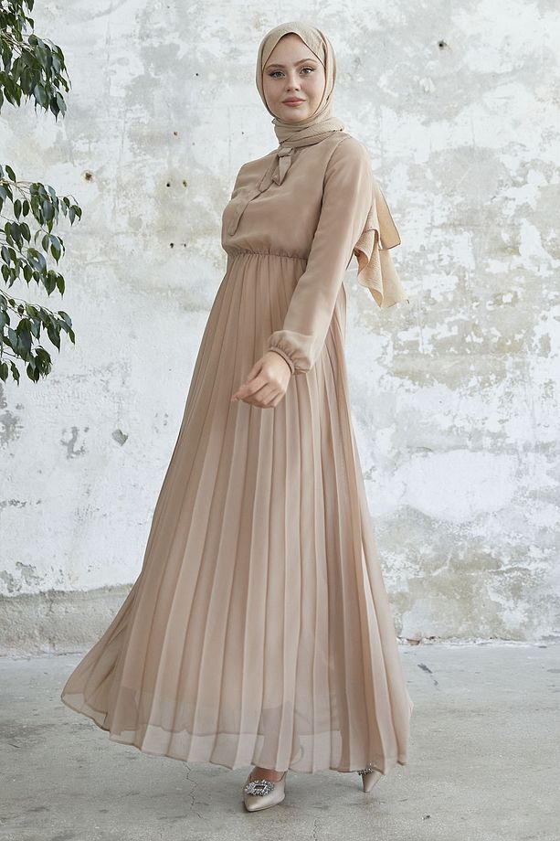 Piliseli Limelda Şifon Elbise - Sütlü Kahve - 4