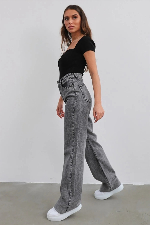 Bery Women's Smoked High Waist Lycra Wide Leg Jeans