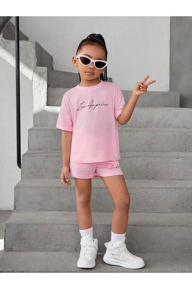 Girl's Pink Los Angeles Printed T-Shirt-Shorts Set