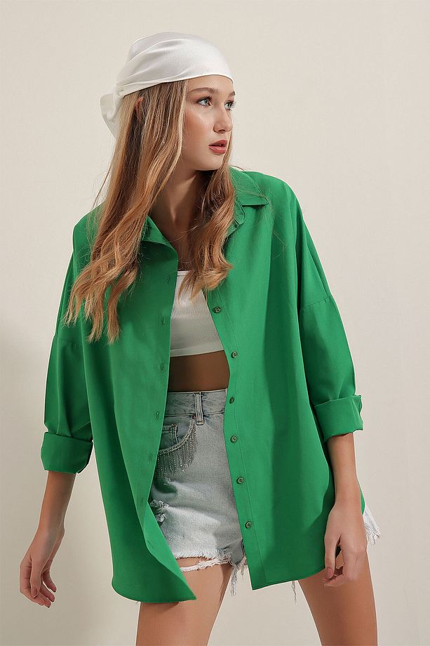 3900 Oversize Uzun Basic Gömlek - Yeşil - 4