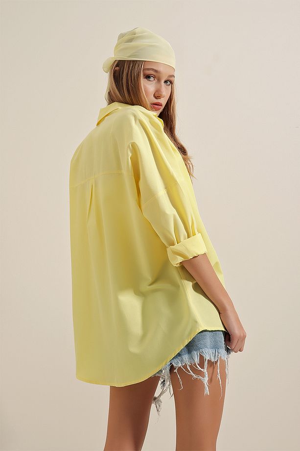 3900 Oversize Uzun Basic Gömlek - Sarı - 7