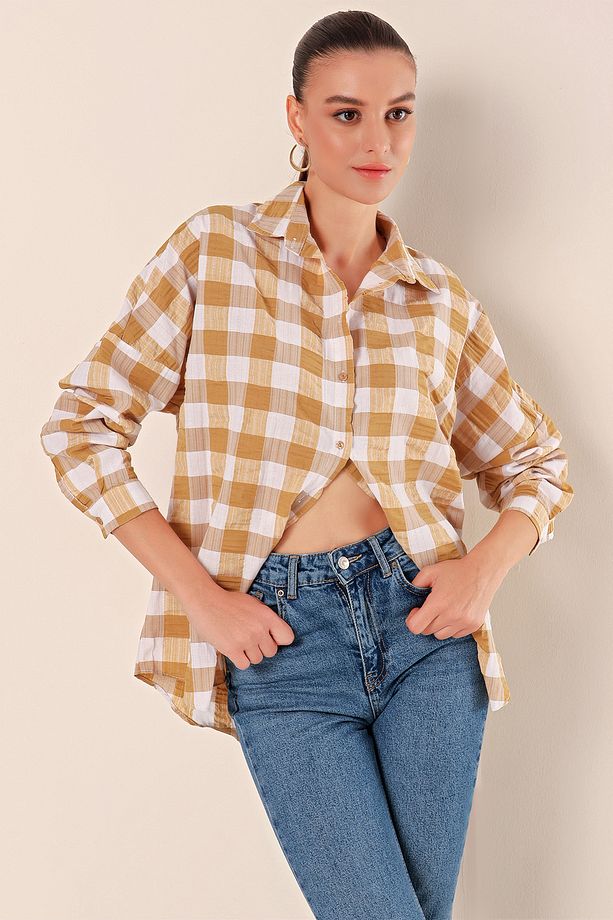 3900 Oversize Uzun Basic Gömlek - Vizon - 3