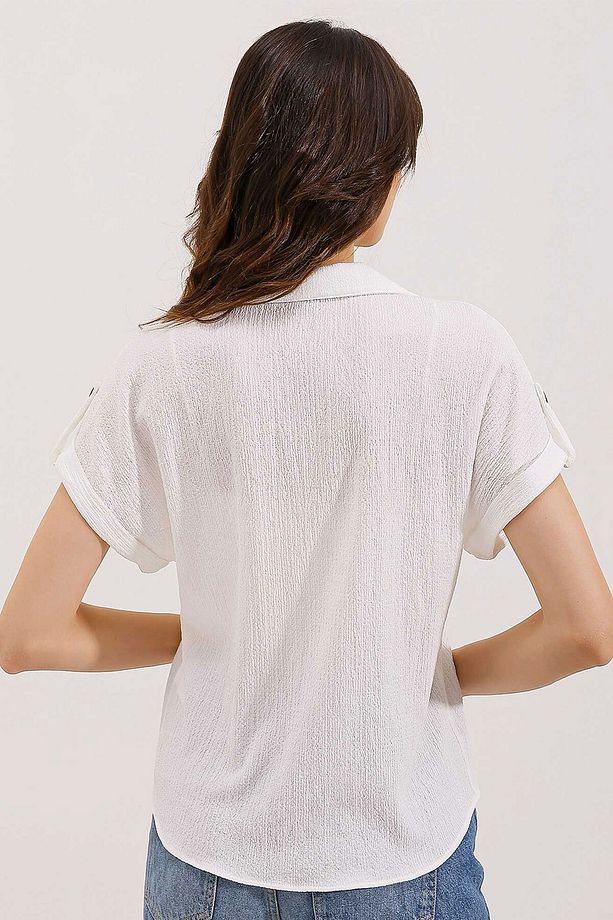 20187 Kısa Kol Oversize Örme Gömlek - Beyaz - 4
