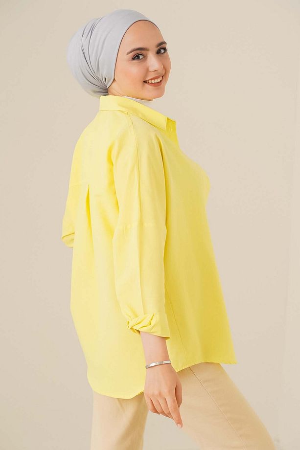 103901 Oversize Basic Tesettür Gömlek - Sarı - 3