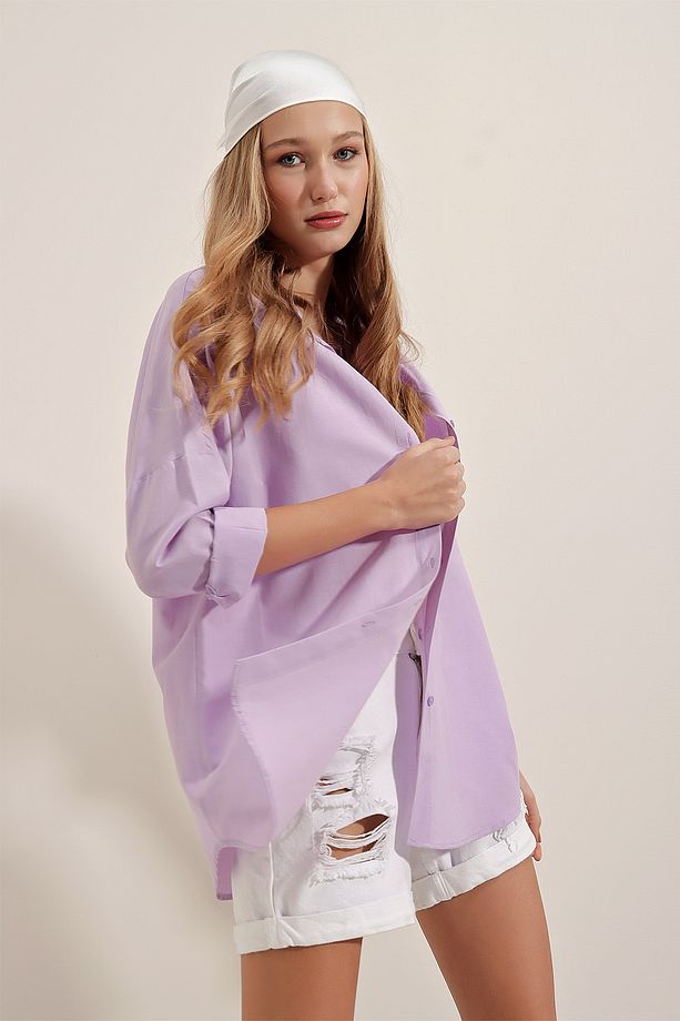 3900 Oversize Uzun Basic Gömlek - Lila - 3