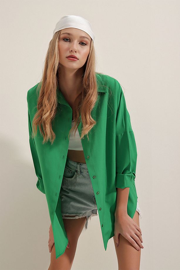3900 Oversize Uzun Basic Gömlek - Yeşil - 5