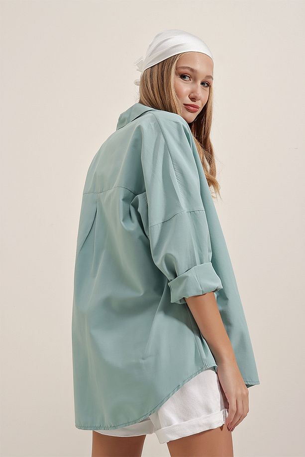 3900 Oversize Uzun Basic Gömlek - Su Yeşili - 8