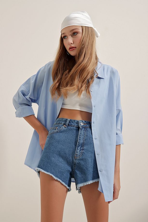 3900 Oversize Uzun Basic Gömlek - Mavi - 7