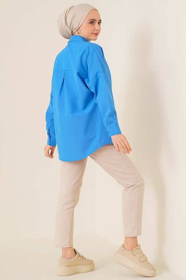 103901 Oversize Basic Tesettür Gömlek - Saks - 3